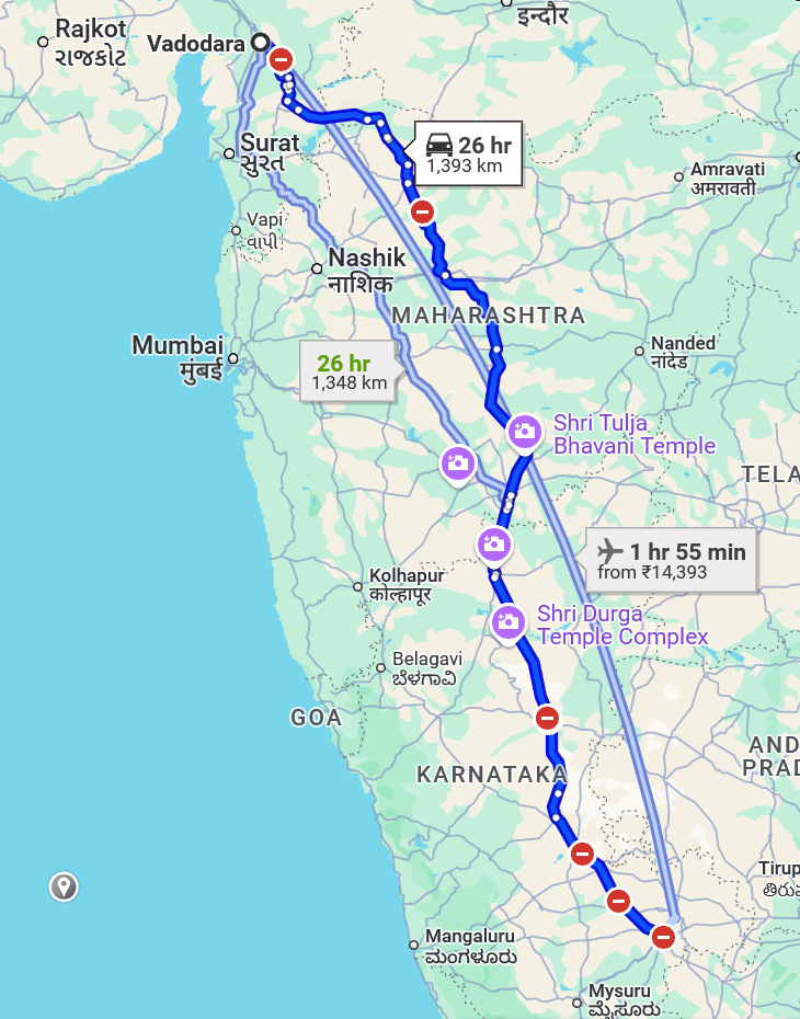 Vadodara to Bangalore Pet travel routes