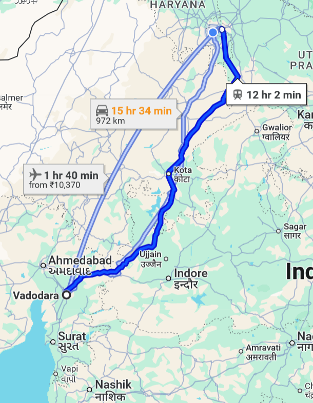 Vadodara to Delhi Pet travel routes