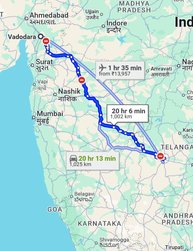 Vadodara to Hyderabad Pet travel routes