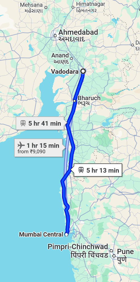 Vadodara to Mumbai Pet travel routes